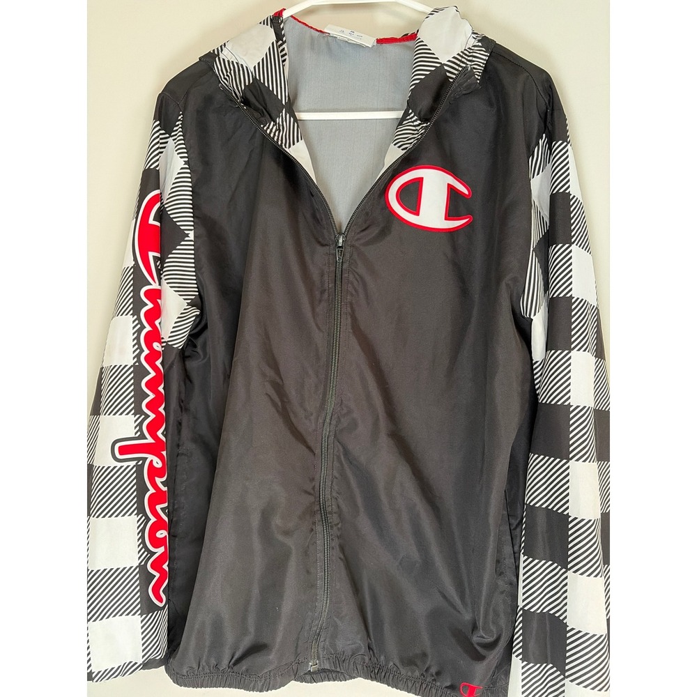 Champion Ultrafuse Windbreaker Jacket Mens Medium Black Checkered Full Zip Hood